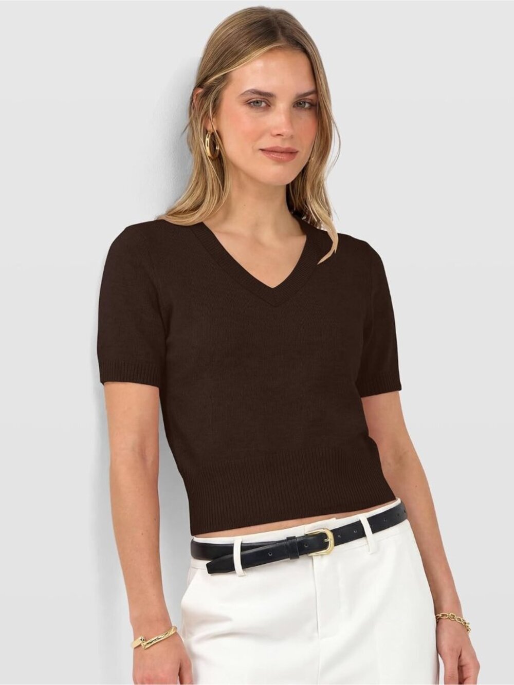 〽️Women Coffee Short Sleeve V Neck Business Casual Lightweight Cropped Sweaters